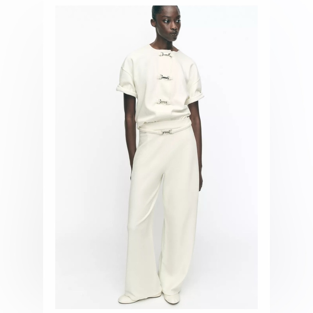 Zara Buckle Wide Leg Knit Pants Cream Small